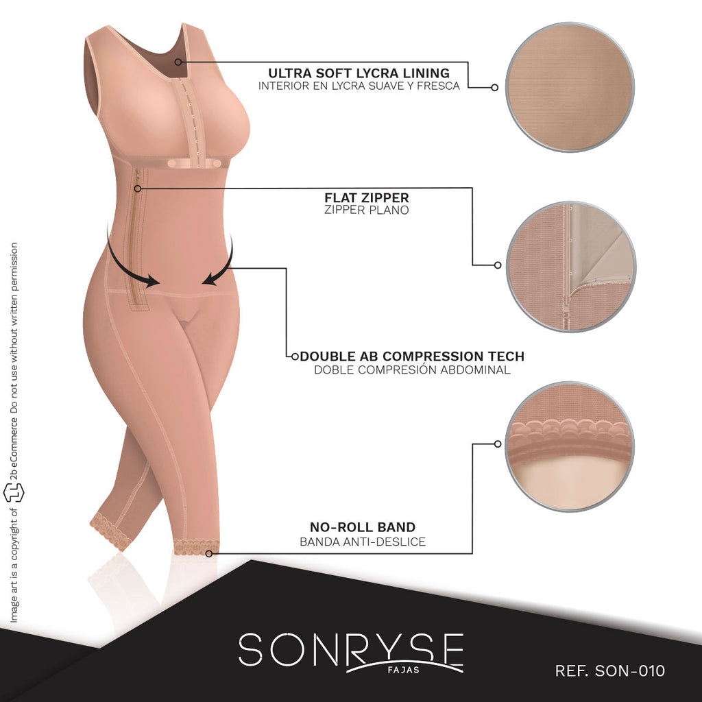 Fajas SONRYSE 010 | Colombian Shapewear Knee Lenght with Built-in bra & High Back | Post Surgery and Postpartum Use - Pal Negocio